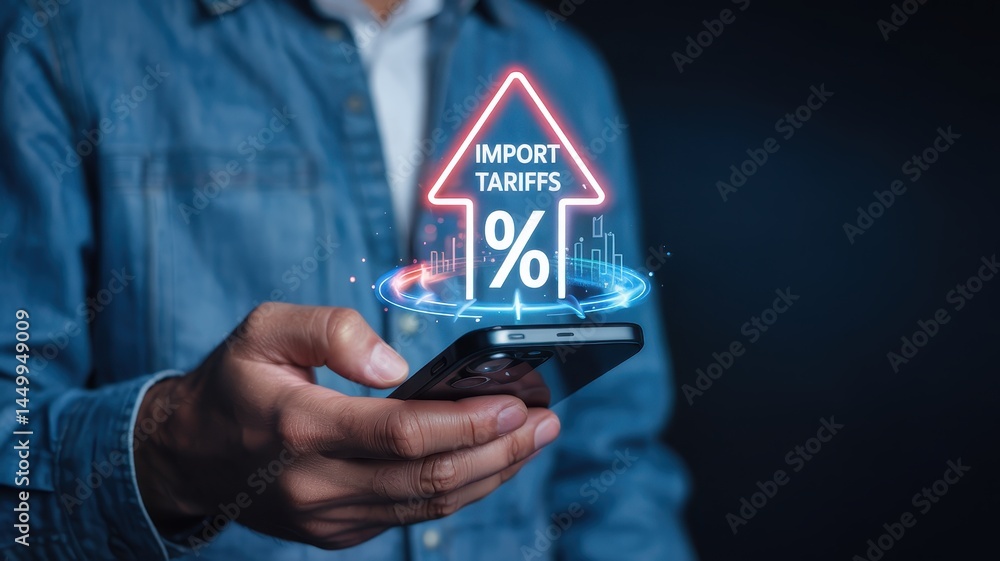 Poster man holding phone displaying rising import tariffs.