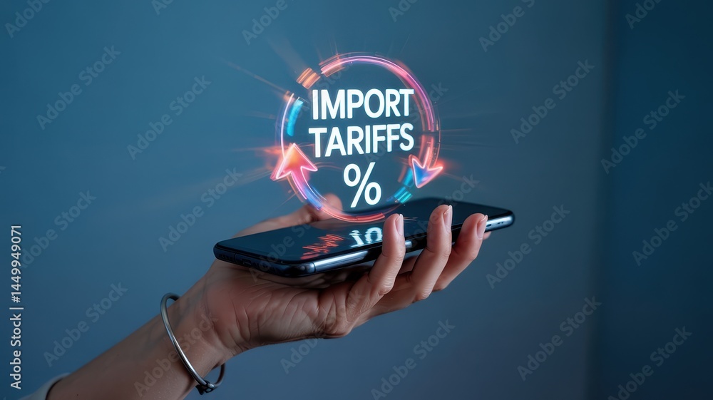 Poster digital display of import tariffs percentage on a phone.