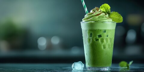 Refreshing green beverage topped with whipped cream and mint served in a glass with a straw