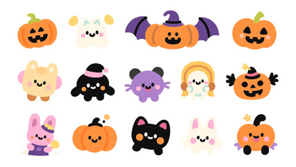 Fototapeta premium Adorable Halloween Kawaii Characters Pumpkins, Ghosts, Cats, and More!