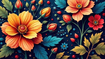 Bold paisley floral, large blooms & leaves, rich color palette , texture, retro