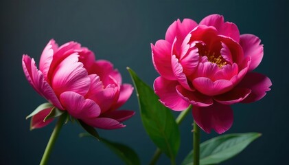 Obraz premium Bold peony blooms in vibrant hues on dark grey, interior design, dark grey