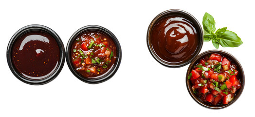 Set of barbecue sauce and salsa in black bowls isolated on white background and transparent PNG, spicy dip cut out collection