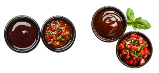 Set of barbecue sauce and salsa in black bowls isolated on white background and transparent PNG, spicy dip cut out collection