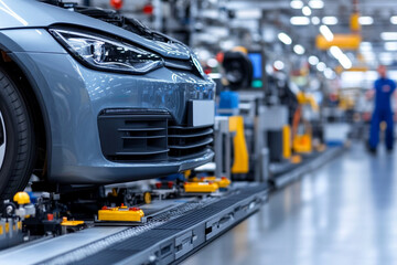 Fototapeta premium Automobile factory with conveyor belts showcasing assembly process and production details in a modern automotive facility
