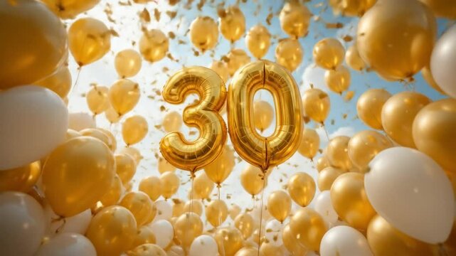 Golden Thirtieth Birthday Celebration with Number Balloons and Confetti Shower