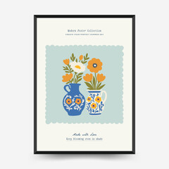 Abstract floral posters template. Modern trendy Matisse minimal style. Pink and blue colors. Hand drawn design for wallpaper, wall decor, print, postcard, cover, template, banner.
