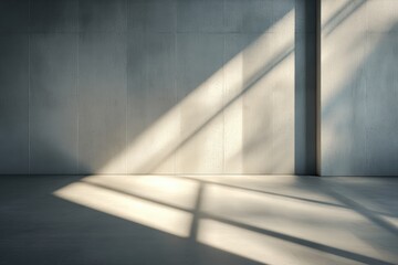 Fototapeta premium Minimalist empty room with concrete walls and floor, illuminated by soft sunlight casting geometric shadows through a window.