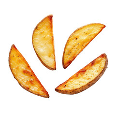 Flat lay view of four rustic potato fries isolated on a white background as a png