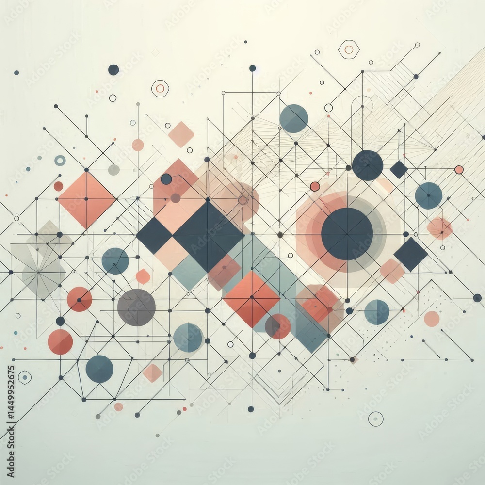 Poster illustration of an abstract network or web of interconnected geometric shapes in a range of muted co
