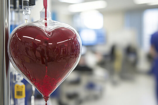 Heart-shaped blood donation bag displayed during a donation event in a medical facility promoting community health and support