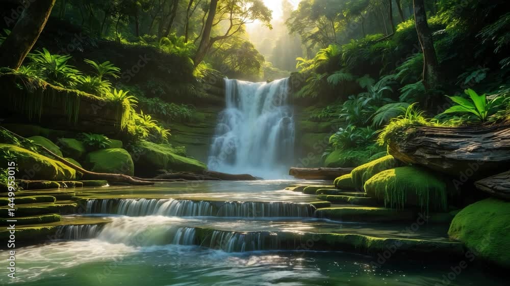 Poster cascading streams of a waterfall flow through a lush forest, with sunlight breaking through the cano