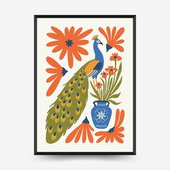 Abstract floral posters template. Modern trendy Matisse minimal style. Pink and blue colors. Hand drawn design for wallpaper, wall decor, print, postcard, cover, template, banner.