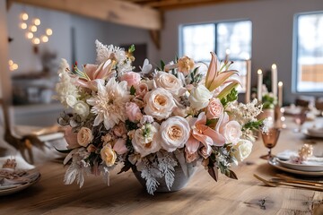 A rustic wooden table adorned with a delicate floral arrangement of roses, lilies, and peonies for a Mothera??s Day brunch setting, with soft lighting and a warm, inviting atmosphere.