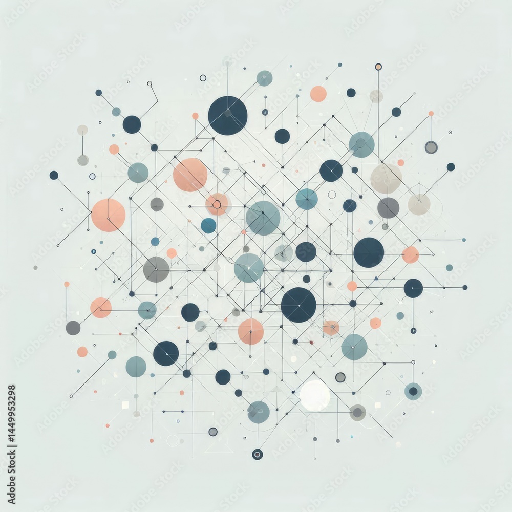 Poster illustration of an abstract network or web of interconnected geometric shapes in a range of muted co