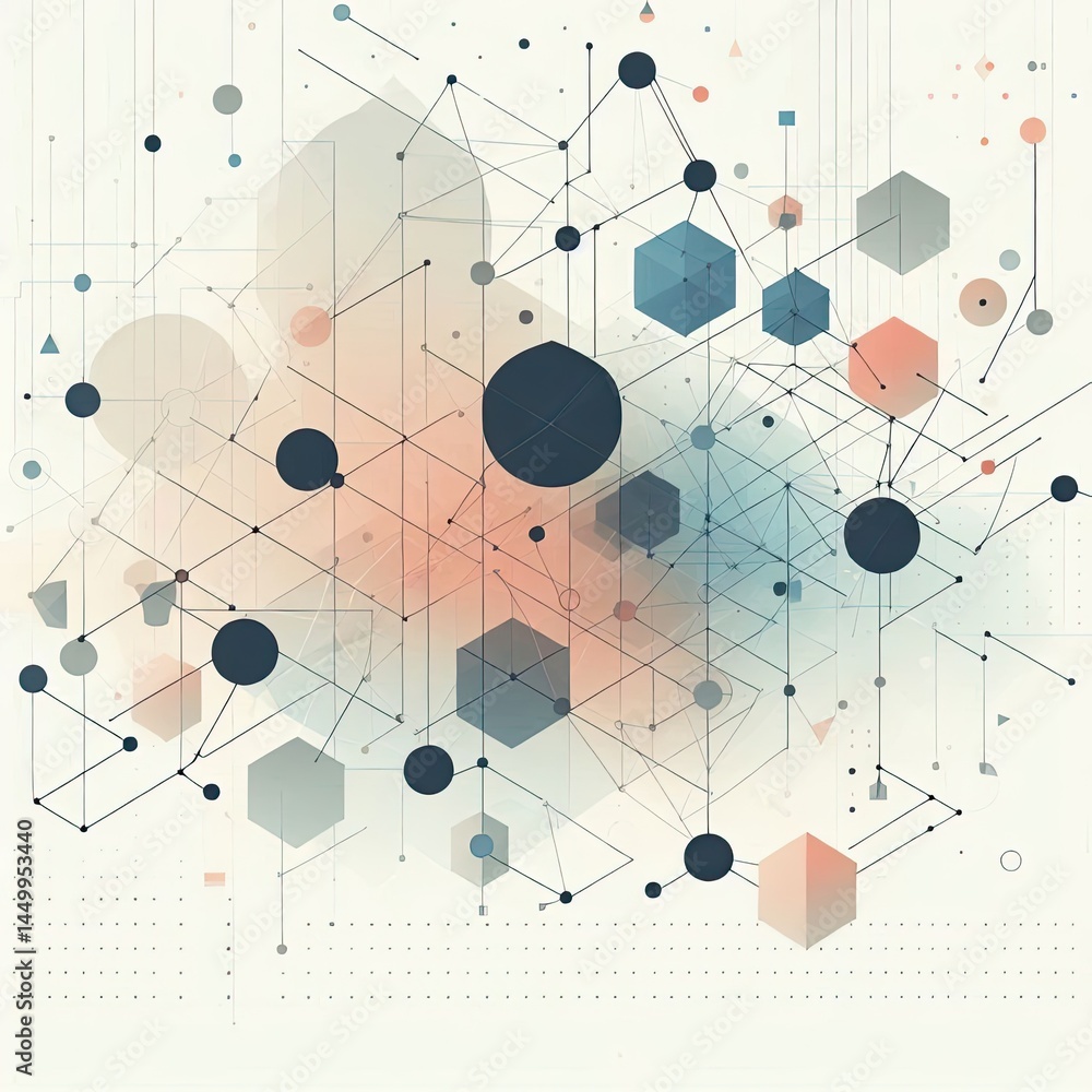 Poster illustration of an abstract network or web of interconnected geometric shapes in a range of muted co
