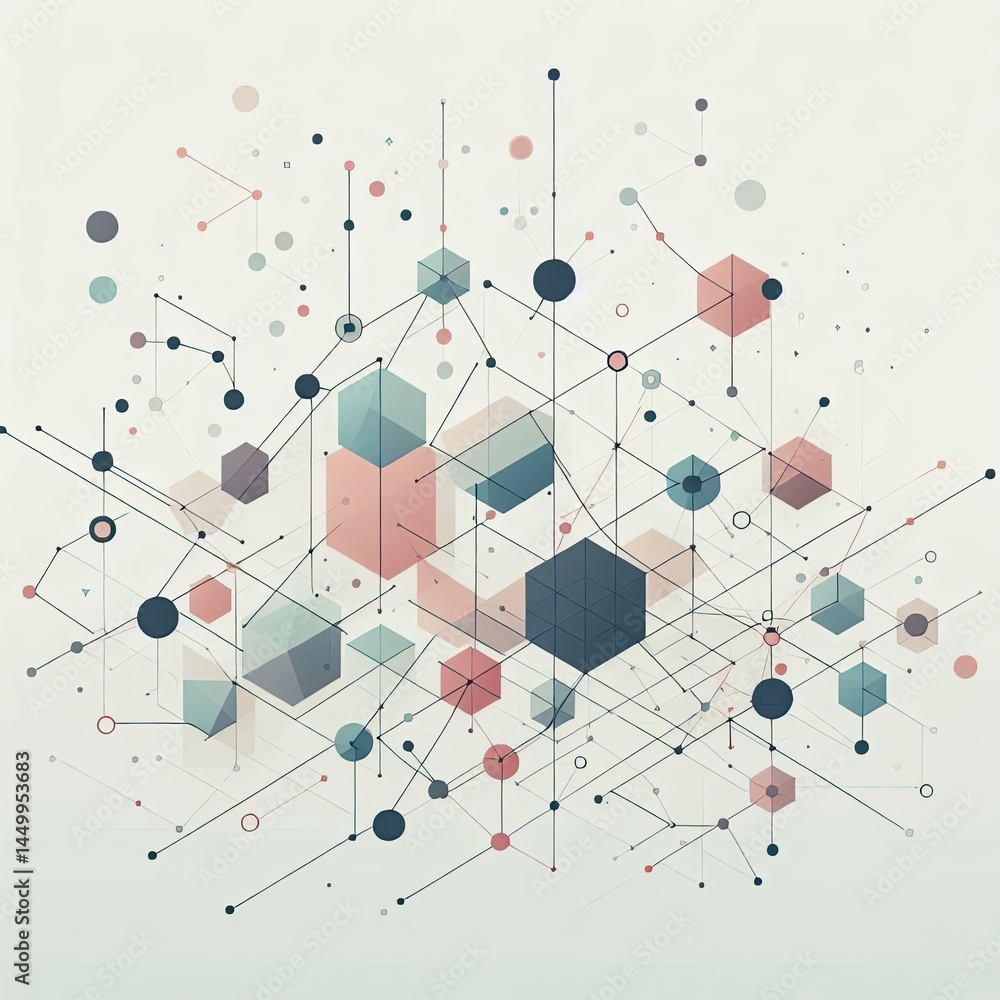 Poster illustration of an abstract network or web of interconnected geometric shapes in a range of muted co