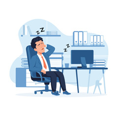 Obraz premium businessman sleeping on chair with office background flat illustration
