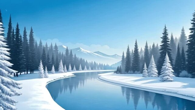 Snowy river and trees with peaceful winter scene and snowflake clipart