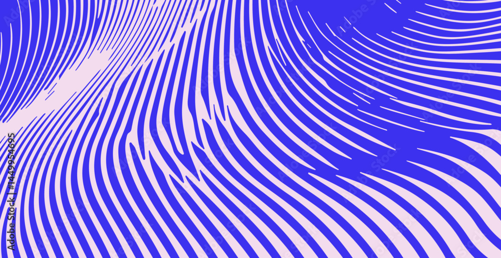 Poster dynamic blue and white vector art featuring wavy, hypnotic lines. the abstract pattern creates an op