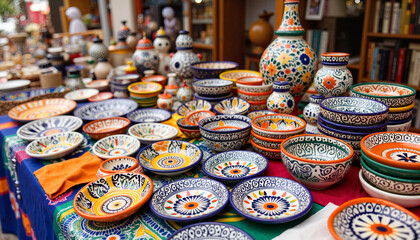 Colorful Talavera pottery displayed at artisan market, Mexican craftsmanship
