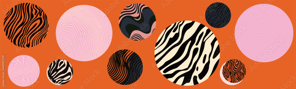 Fototapete Abstract vector circles with wavy and zebra-like line patterns in bold colors, arranged on an orange background, creating a playful and modern geometric composition.
