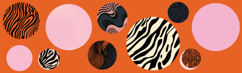 Abstract vector circles with wavy and zebra-like line patterns in bold colors, arranged on an orange background, creating a playful and modern geometric composition.