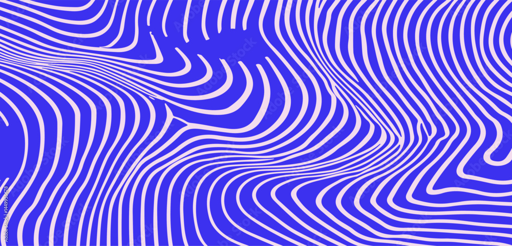 Poster dynamic blue and white vector art featuring wavy, hypnotic lines. the abstract pattern creates an op