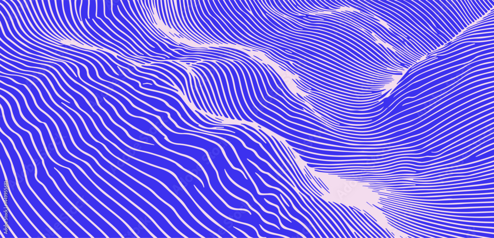 Poster dynamic blue and white vector art featuring wavy, hypnotic lines. the abstract pattern creates an op