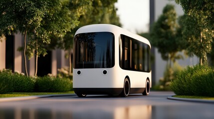 Fototapeta premium Autonomous Electric Shuttle Bus on Suburban Street
