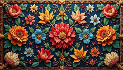 Intricate woven tapestry, rich textures, repeating floral design, seamless background, embroidery