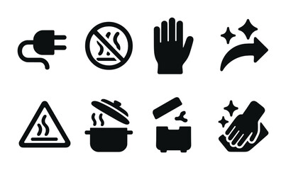 Kitchen safety solid icons set – filled, cooking hazards and prevention symbols