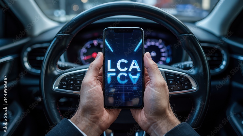 Poster close-up view of hands holding smartphone displaying futuristic interface.
