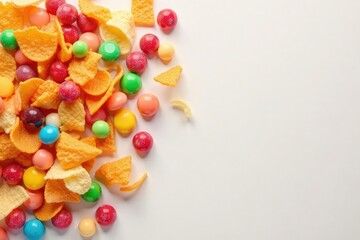 Pile of colorful candy, chips, and soda on white , lifestyle, chips, food photography