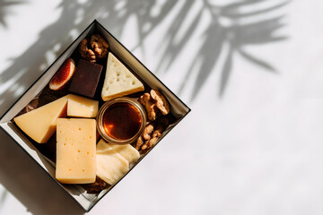 Various types of cheese on a wooden plate. Natural light, white background with copy space. Flat lay view from above.