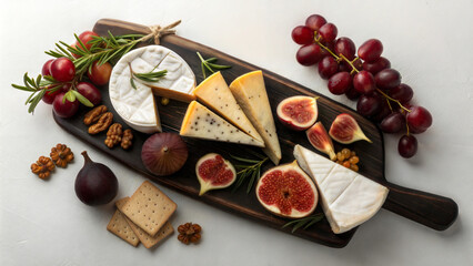 Various types of cheese on a wooden plate with figs, grape, crackers. Natural light, white background. Flat lay view from above.
