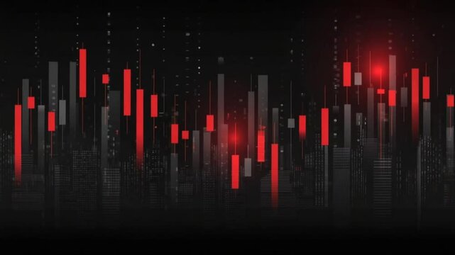 Dark background with numerous red and gray vertical bars representing financial data.  Digital graphic of stock market trends