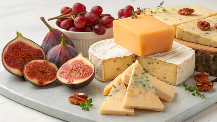 Mix cheese on wooden board. A variety of cheeses are displayed on a white table, including blue cheese