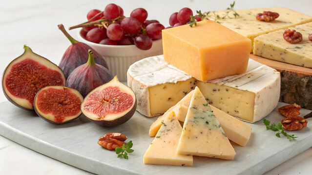 Mix cheese on wooden board. A variety of cheeses are displayed on a white table, including blue cheese