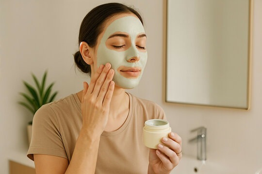 una mujer mujer aplicandose una mascarilla par mejorar su piel en la cara