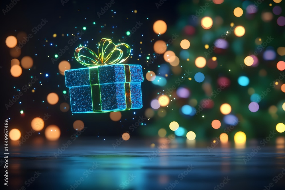 Poster magical floating gift box with colorful bokeh background