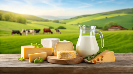 Artisan cheese and fresh milk displayed on a rustic table with a scenic farm background. Hilled landscape with grazing cows on a green meadow grassland