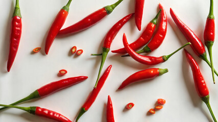 Fresh red chili peppers are scattered beautifully on a surface, ideal for various culinary or food related projects