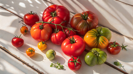 A vibrant and colorful array of heirloom tomatoes, demonstrating various varieties and textures on a sunlit surface