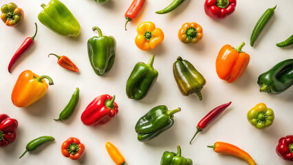 A vibrant and colorful collection showcasing a variety of bell peppers as well as chilis against a light background