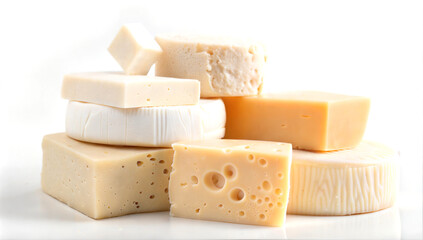 A visually stunning and delicious display of various cheese blocks and slices on a pristine white background