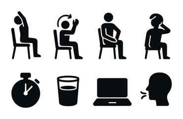Workplace wellness silhouette icons set – exercise, health, and ergonomics symbols