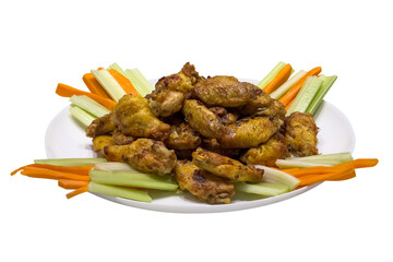 fried chicken legs with wings, asparagus and carrots on a plate isolated on white background