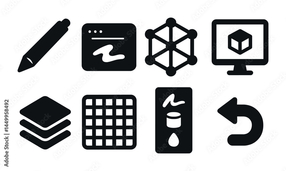 Poster web design solid icons set – ui/ux, development, digital interface symbols