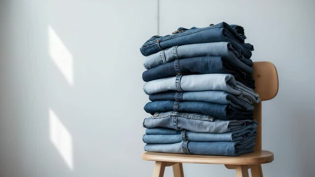 Stacked monochrome denim jeans garments on a chair beside a wall pile concept.